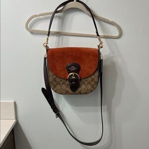 Coach Two-Tone Signature Saddle Bag in Rust Suede & Brown